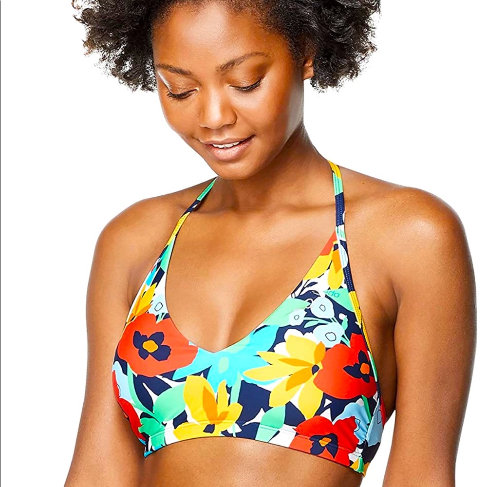 Speedo Women’s Swimsuit Bikini Top V-Neck Halter Ibiza Blue flower pattern sz S